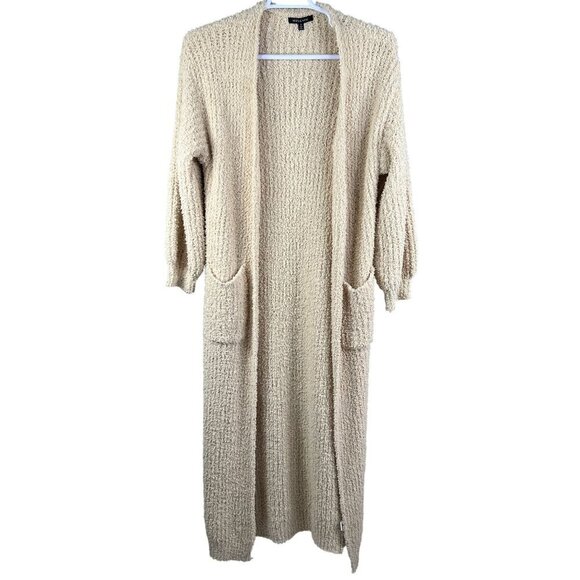 Hers & Mine Womens S Fuzzy Soft Long Maxi Beige Loose Knit Open Cardigan Pocket - Picture 3 of 15